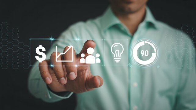 Business professional interacts with digital interface displaying financial growth, team collaboration, innovation, and progress metrics for strategic planning.