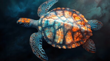 Sea Turtle, its shell a mosaic of ancient, weathered sea maps, surreal cartography texture, diffused underwater lighting effect