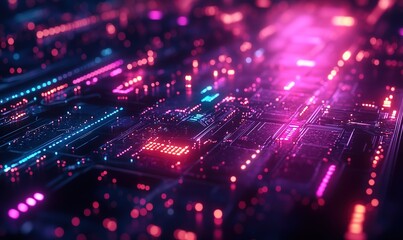 Obraz premium Digital circuit board with vibrant neon light paths, technology background