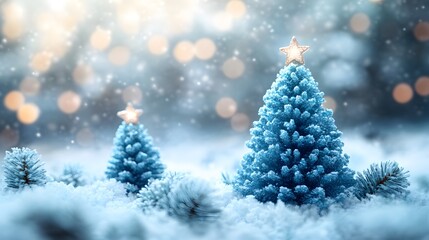 Snowy winter scene with blue Christmas trees and festive decorations at twilight