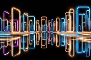 Neon-edged rectangles reflecting in abstract cityscape