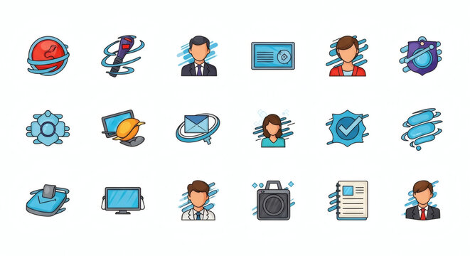 Modern Business and Technology Icons Collection. Essential Symbols for Corporate Management, Digital Communication, and Professional Services. Comprehensive Vector Set.