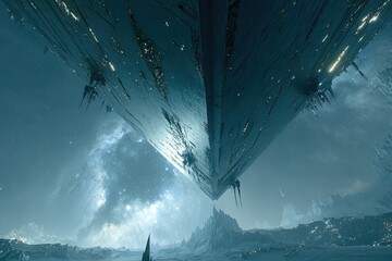 Giant Pyramid Spaceship Inverted Above Cosmic Landscape