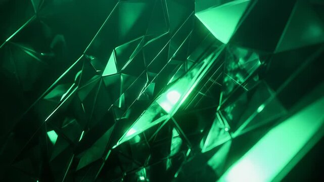 Green crystal background reflecting light with geometric shapes
