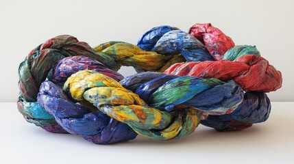 A carefully coiled rope made from recycled plastic bags, plaited texture, real object, ingenuity