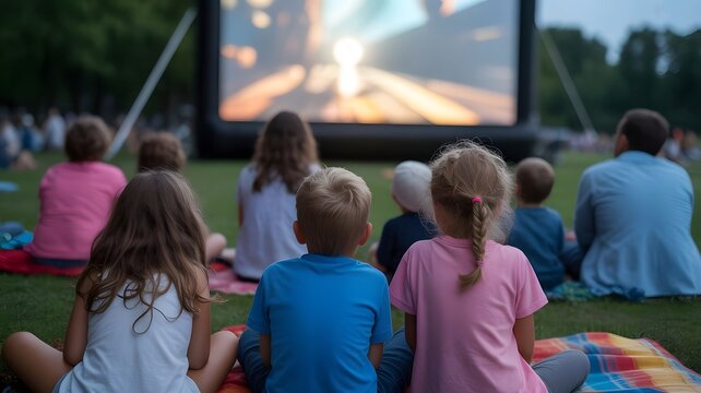 Joyful families gather on picnic blankets for a magical outdoor movie night under the twilight sky, creating cherished summer memories together.
