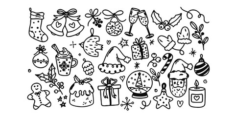 christmas, holiday, winter, doodle, sketch, drawing, festive, celebration, stocking, bells, ornament, champagne glasses, holly, mistletoe, gift box, santa hat, candy cane, gingerbread man, cake, snow 