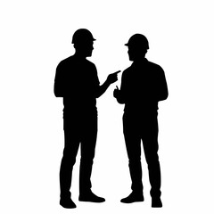 Two construction workers in hard hats discussing plans on a white background.