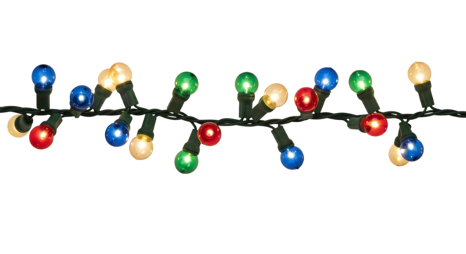 Colorful festive string lights glowing brightly isolated on transparent background