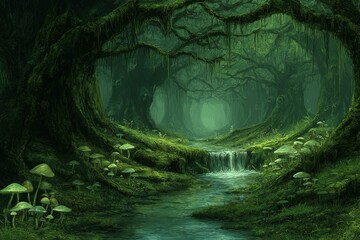 Mystical Green Forest Path With Stream