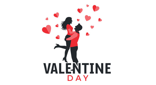 Romantic silhouette of a couple embracing amidst floating hearts for valentine s day celebration