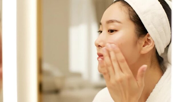 Woman in robe applying serum in mirror, serene expression