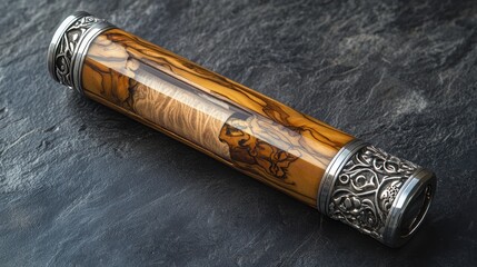 Mezuzah case, intricately designed from oxidized silver and ancient olive wood, containing a miniature scroll that emits a soft, protective aura