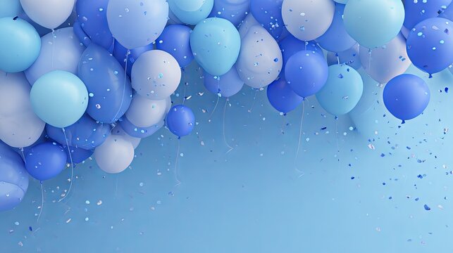Celebrate with cheerful blue balloons and confetti, ideal for birthdays, baby showers, and joyful occasions creating festive mood and happiness.