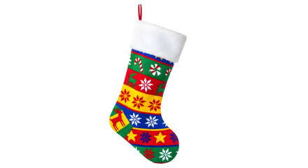 Colorful knitted christmas stocking with snowflake pattern isolated on transparent background