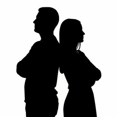 Silhouetted couple standing back to back, representing relationship issues and conflict.