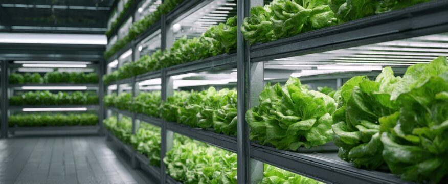 The Lettuce Vertical Farm Interior with Rows of Hydroponic Greenery and LED Lighting
