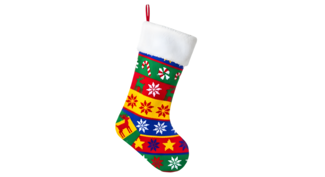 Colorful knitted christmas stocking with snowflake pattern isolated on transparent background