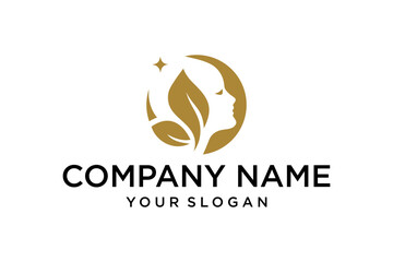Elegant Woman Profile and Organic Leaves Golden Logo Design