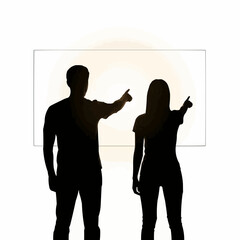 Man and Woman Silhouettes Pointing at a White Board.