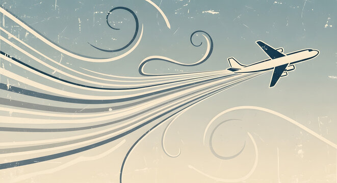 Vintage style airplane soars upward, leaving a trail of flowing lines, perfect for travel advertisements, airline promotions, or a retro-themed design project