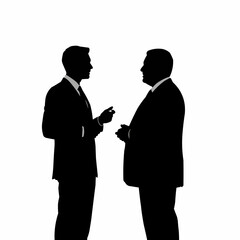 Two businessmen in silhouette discussing ideas in a professional setting.