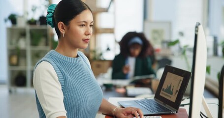 Business woman, analytics and typing with computer for company statistics or performance in office. Female person, analyst or employee with graph, chart or laptop for data analysis in workplace - Powered by Adobe