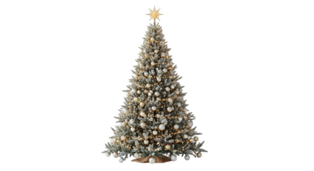 Beautifully decorated christmas tree with star on top isolated on transparent background
