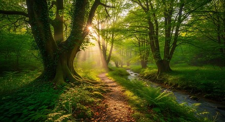 Obraz premium Sunlit Path Through Enchanted Forest - A Serene Nature Escape.