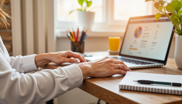 Person enjoying warmth at desk with laptop, cozy office atmosphere
