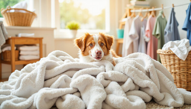 Mischievous dog peeking from fluffy laundry pile, playful afternoon mood