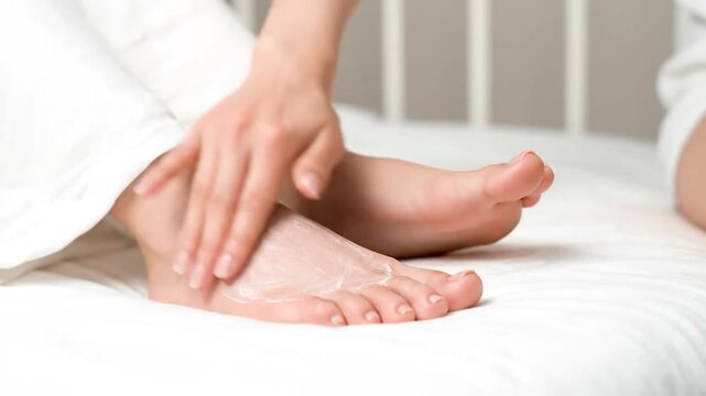 Cream application on a person's foot in bed, focus on the hand motion