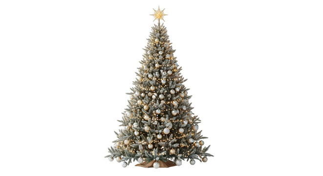 Beautifully decorated christmas tree with star on top isolated on transparent background - Powered by Adobe