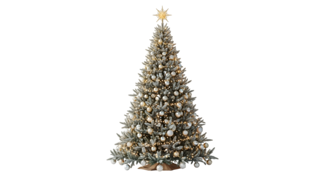 Beautifully decorated christmas tree with star on top isolated on transparent background