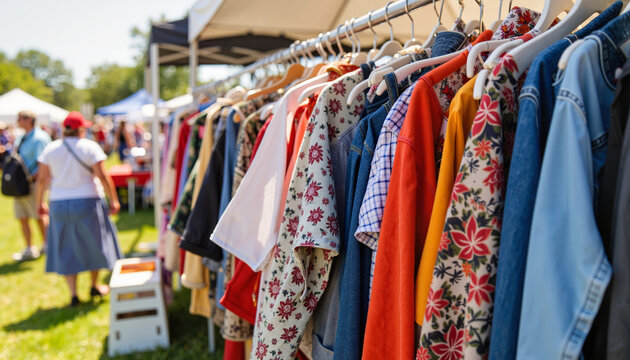 Vibrant secondhand clothing on rack at sunny flea market, thrift finds
