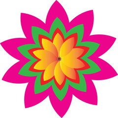 Vibrant eight-petal flower illustration with layered pink, green, orange, and yellow colors on a transparent background