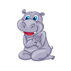 Fototapeta premium Cute cartoon hippopotamus sitting with a sly smile and clasped hands against a perfect for children's illustrations and educational materials