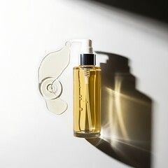 Naklejka premium Clear cosmetic oil in a pump bottle with a spill of liquid beside it, casting dramatic shadows on a white surface