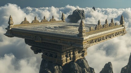 Tibetan Sky Burial Platform - Cloudstone: A conceptual, ornate Tibetan sky burial platform, constructed from 'cloudstone' that seems to merge with the sky, intricately carved