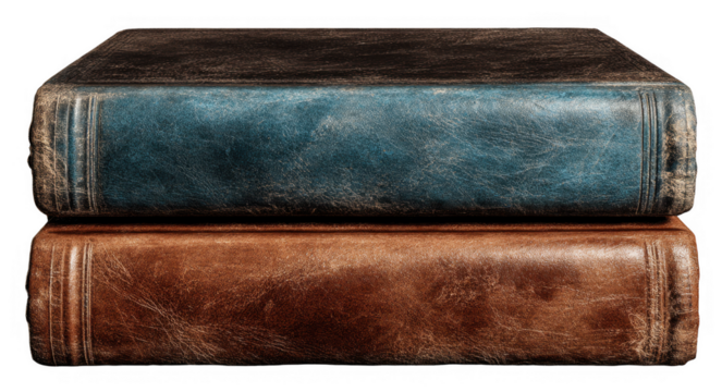 Two vintage hardcover books stacked on top of each other with aged leather and textured covers, showcasing a classic and timeless appearance