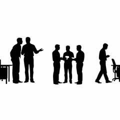 Silhouettes of business people in an office setting discussing work.