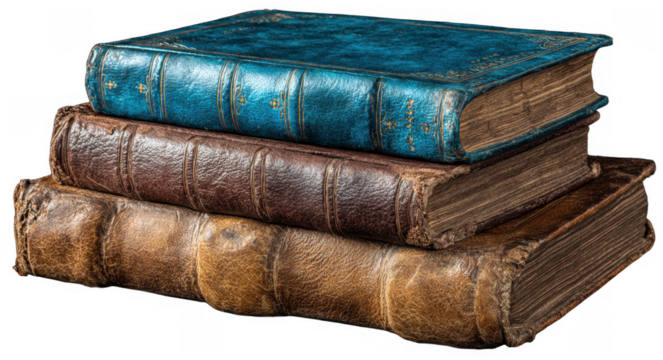 A stack of three vintage hardcover books with worn leather and textured covers, arranged on a plain surface