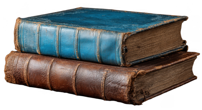 Two vintage hardcover books stacked with worn covers and aged pages, showcasing classic bookbinding and historical literature styles
