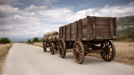 An old rustic wooden wagon laden with hay bales travels down a desolate rural road under a dramatic sky