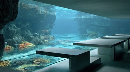 Digital Underwater Restaurant With Concrete Tables
