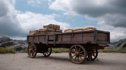 Obraz premium Rustic vintage wooden wagon loaded with sacks and crates traveling on a dusty path through a rocky landscape under a cloudy sky
