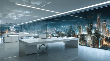 Modern Empty Office With City View At Night