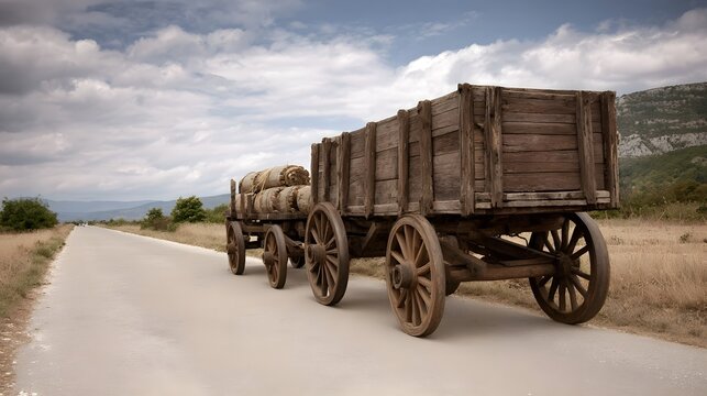 An old rustic wooden wagon laden with hay bales travels down a desolate rural road under a dramatic sky - Powered by Adobe