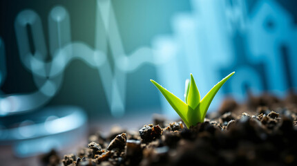Vibrant Green Seedling Sprouting from Soil Against Blurred Heartbeat Monitor or Growth Chart Background