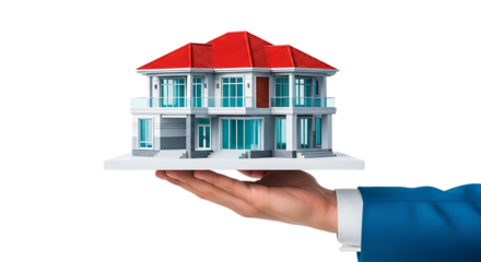 Hand presenting a modern luxury house with a red roof